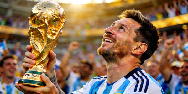 Lionel Messi holding the FIFA World Cup trophy
